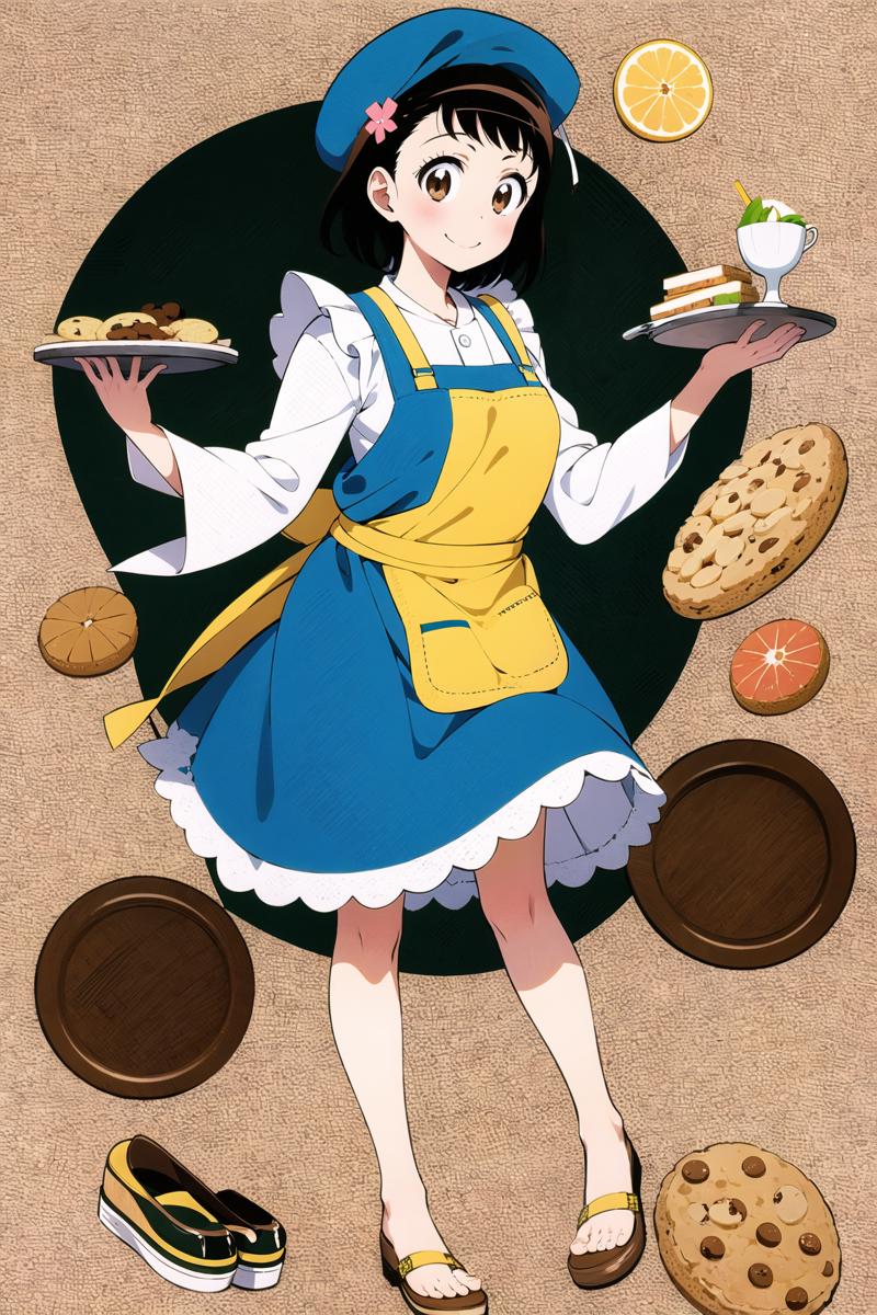 17892-2597057953-Onodera Kosaki, 1girl, solo, brown hair, barefoot, brown eyes, hat, food, cookie, smile, white background, looking at viewer, sh.png